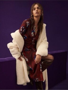 Scoop Women’s Faux Fur White Coat W/ Shawl Collar and Tie